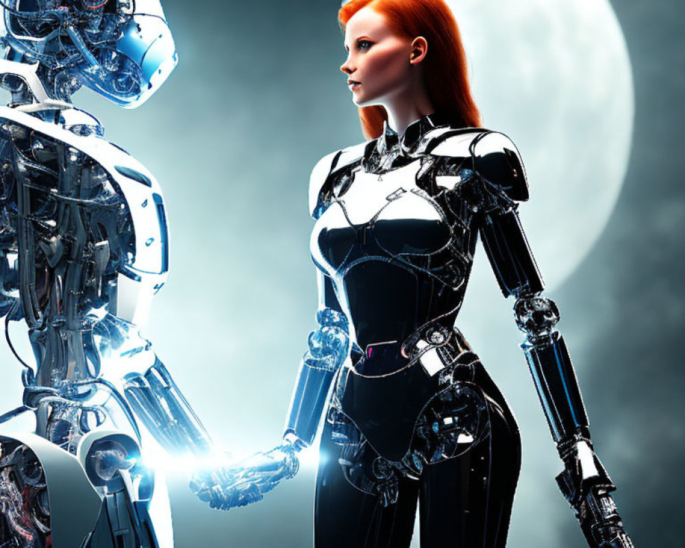 Futuristic female android with red hair and black suit next to another robot in blue lighting