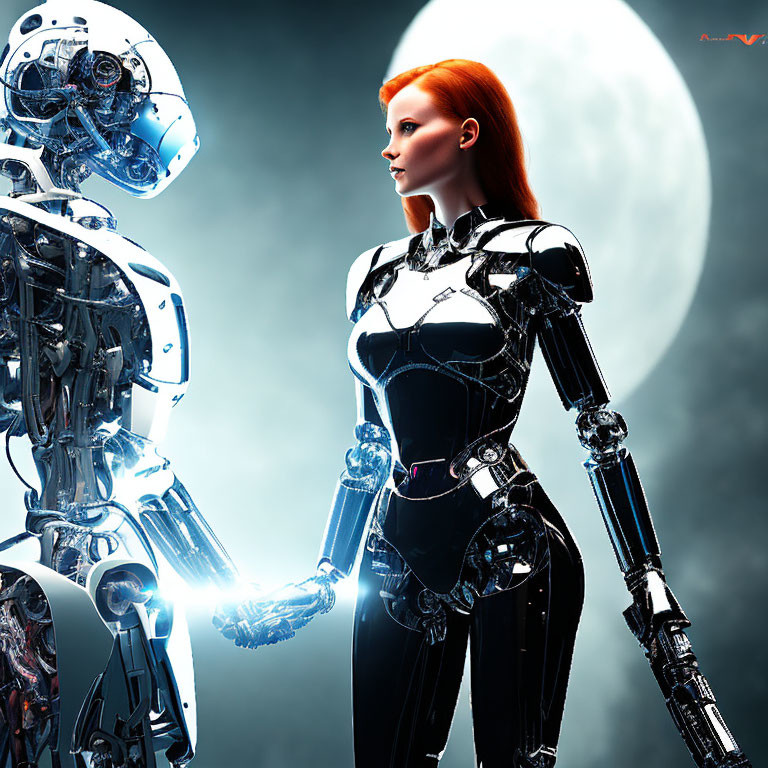 Futuristic female android with red hair and black suit next to another robot in blue lighting