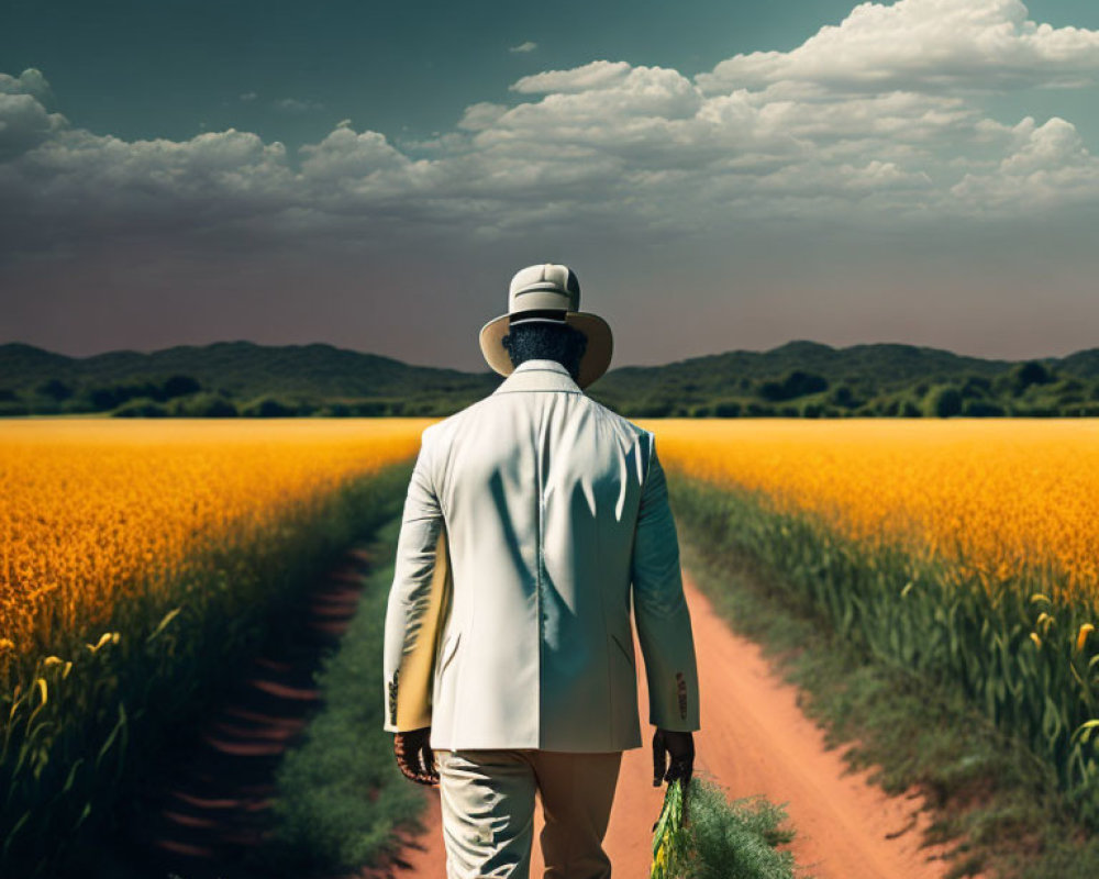 Person in White Suit Standing in Yellow Field with Dramatic Sky