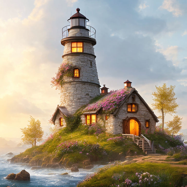 Stone lighthouse with flowering vines by sea at sunset with cozy cottage.