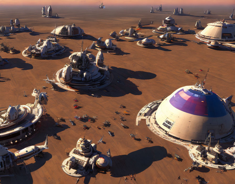Futuristic desert city with dome-shaped buildings and scattered vehicles