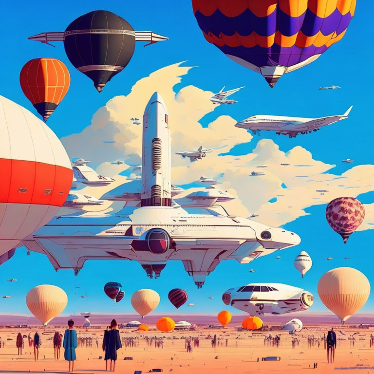 Vibrant sky filled with colorful hot air balloons and aircraft