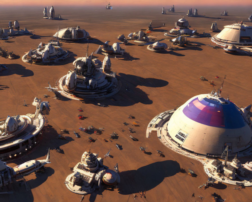 Futuristic desert city with dome-shaped buildings and scattered vehicles