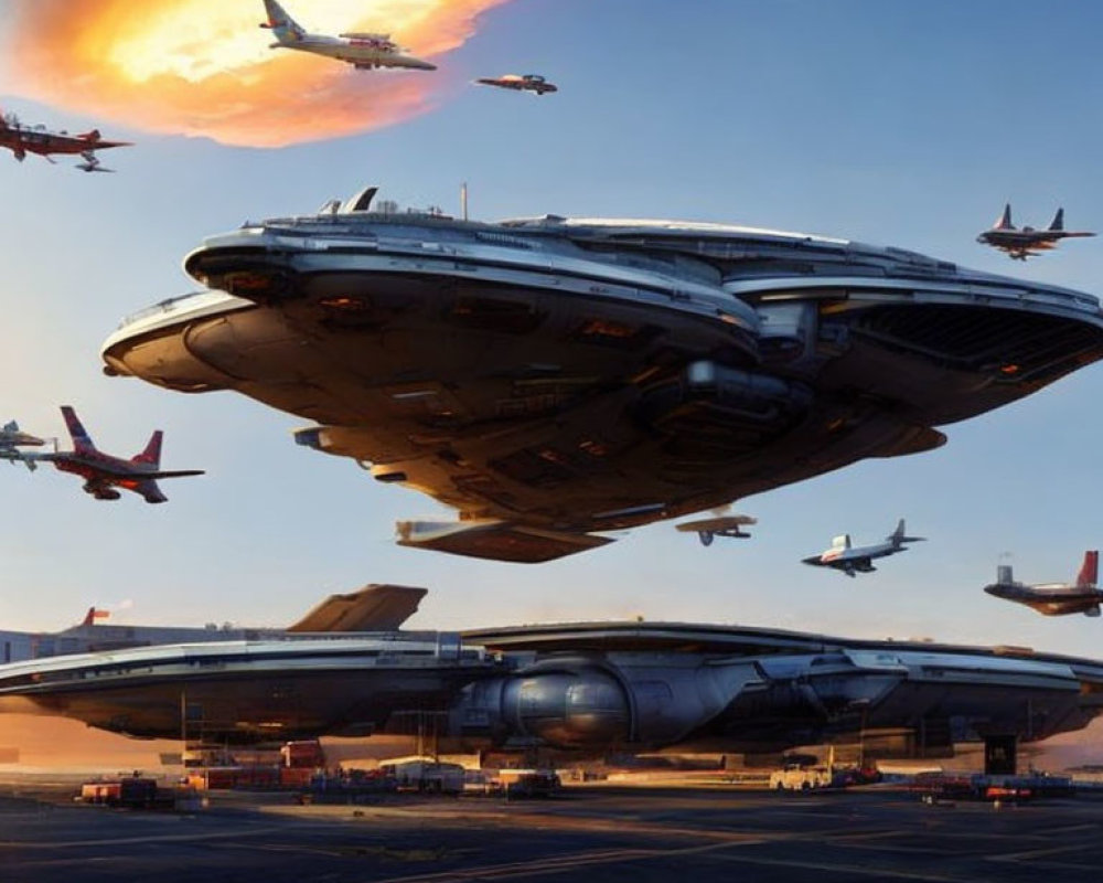 Futuristic spaceport with hovering starship and aircraft in orange sky