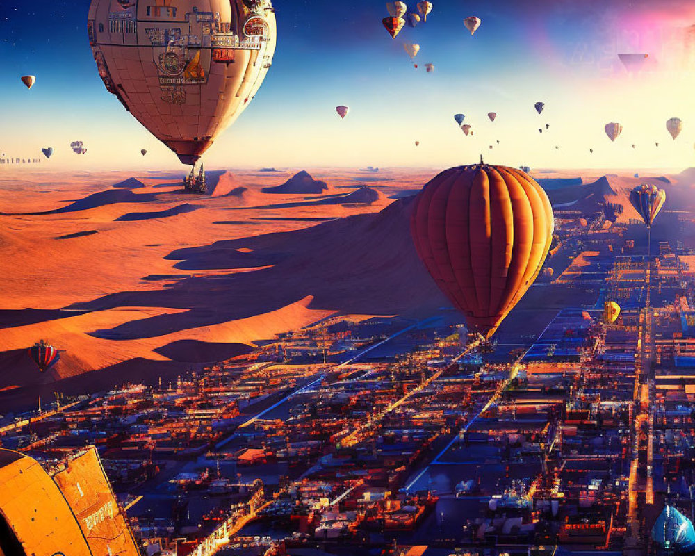 Futuristic cityscape with pyramidal structures and hot air balloons at sunset