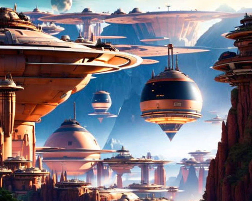 Futuristic cityscape with floating structures, advanced architecture, spaceships, mountains, and distant moon