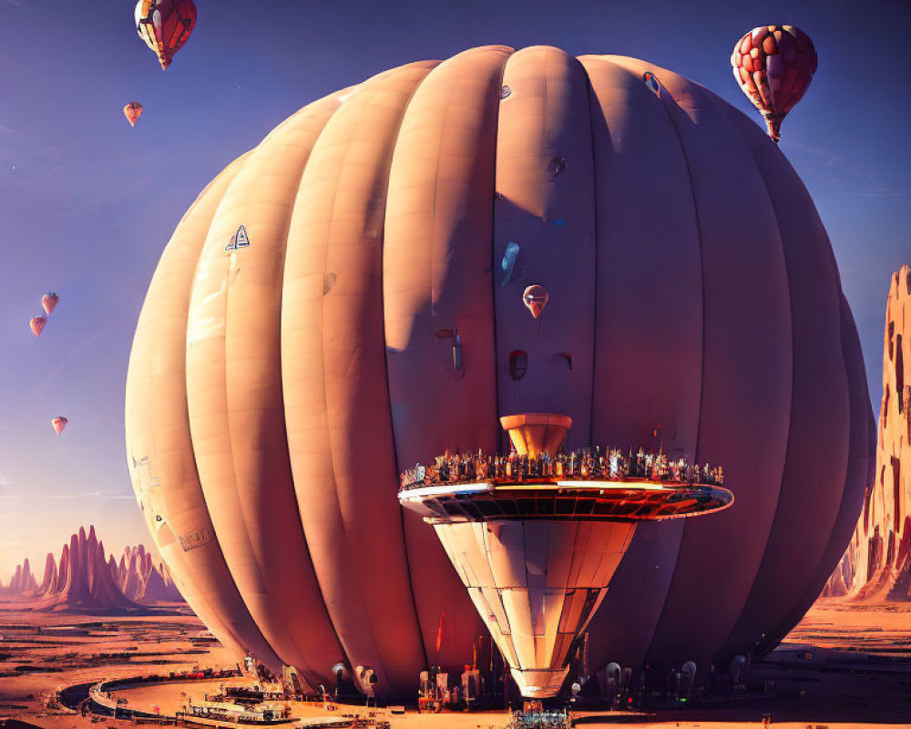 Futuristic hot air balloon landscape in desert with rock formations