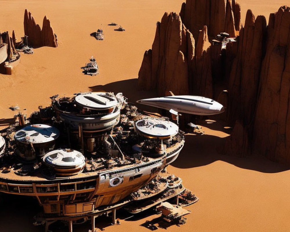 Circular buildings and spacecraft in futuristic desert outpost.