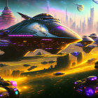 Futuristic cityscape with neon lights, flying vehicles, skyscrapers, and spaceship landing.