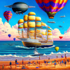 Vibrant sky filled with colorful hot air balloons and aircraft