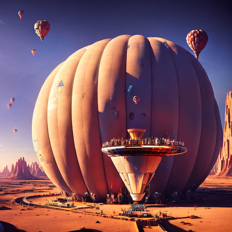 Futuristic hot air balloon landscape in desert with rock formations