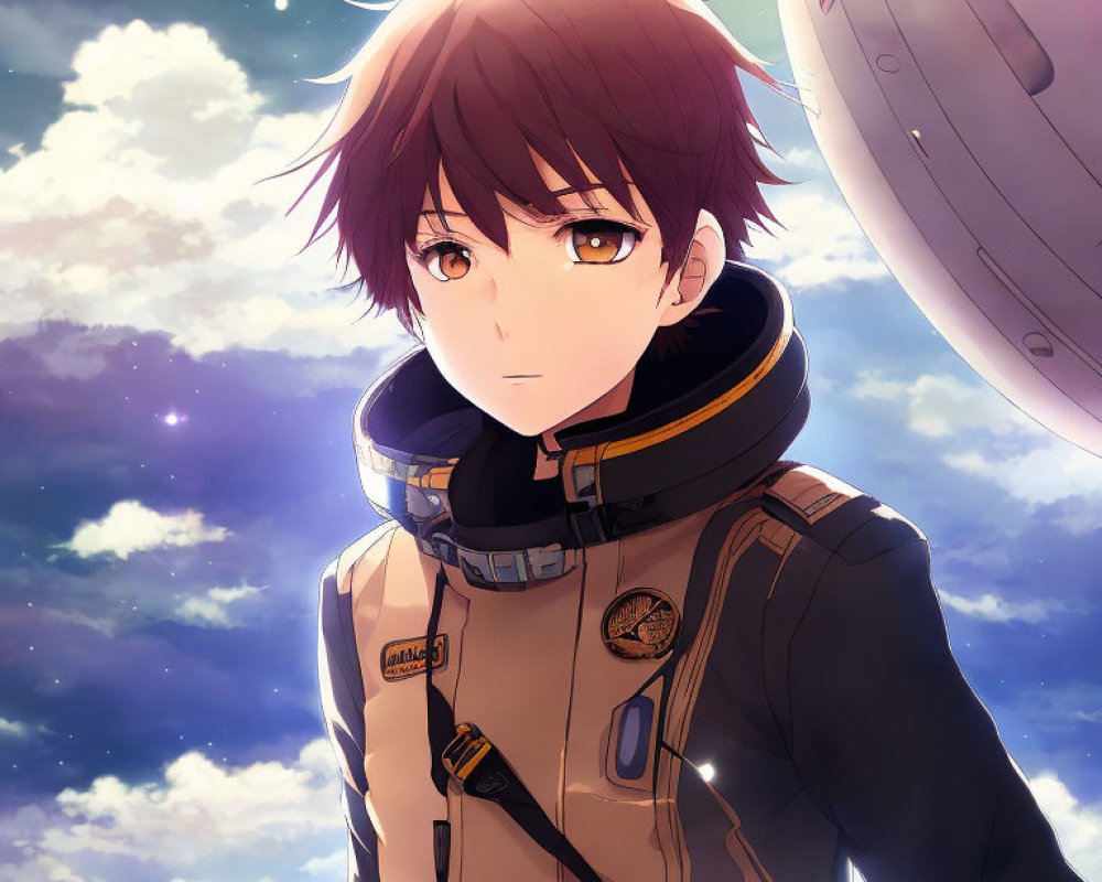 Brown-Haired Anime Male in Space Suit with Radiant Sky and Spacecraft