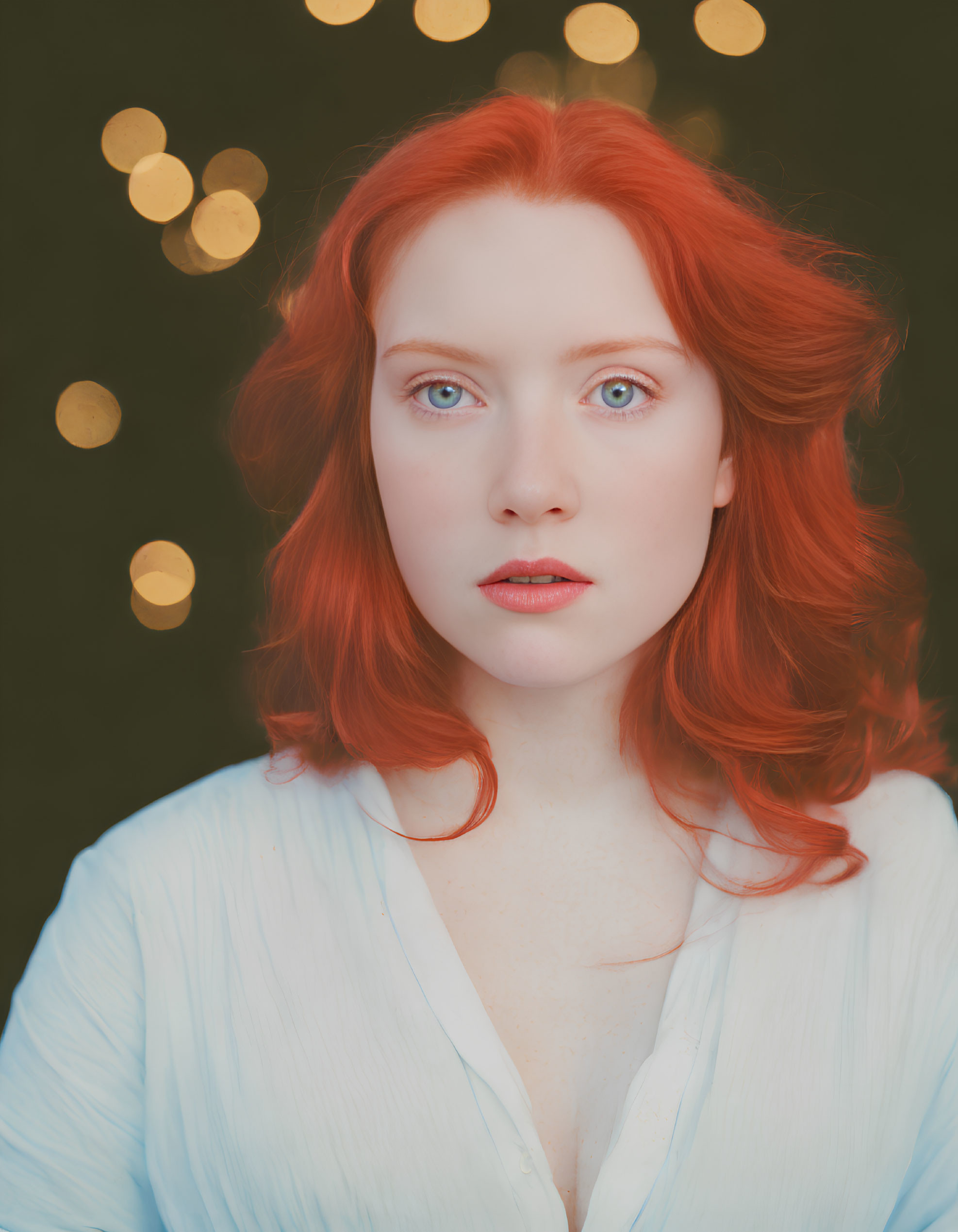 Vibrant red-haired woman in white blouse on dark background with golden bokeh lights