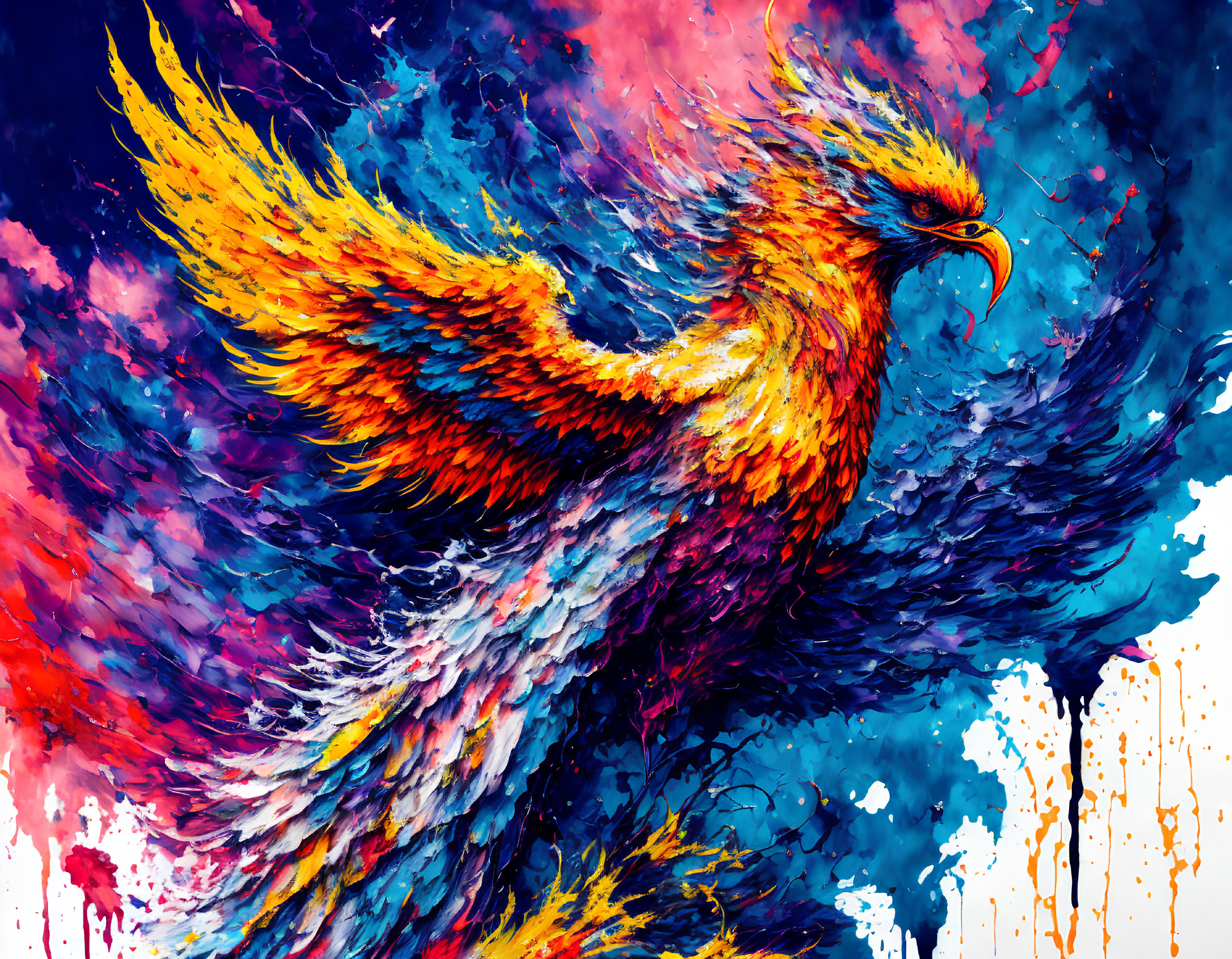 Colorful Mythical Phoenix Flying in Fiery Background