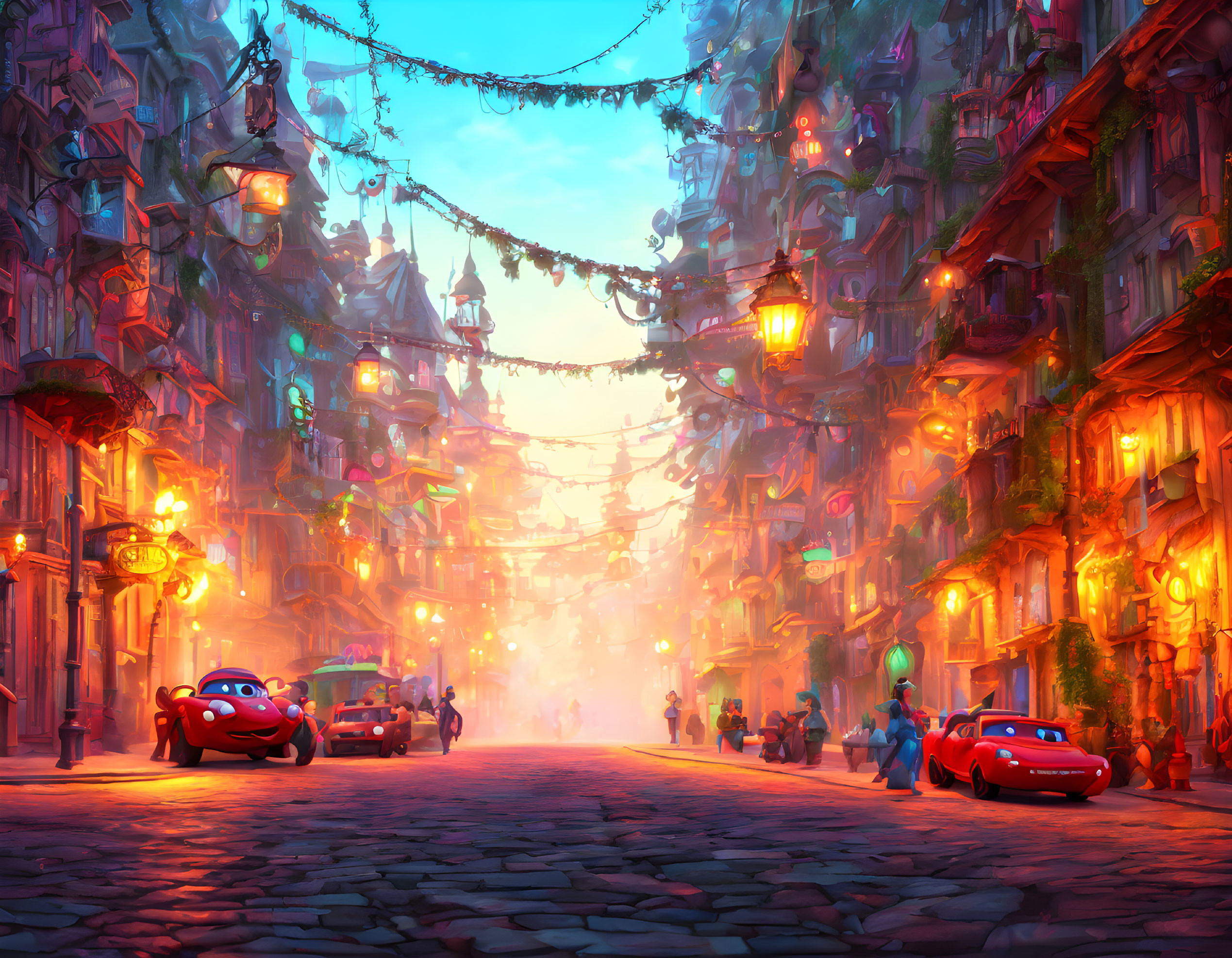 Colorful Dusk Street Scene with Animated Cars and Buildings