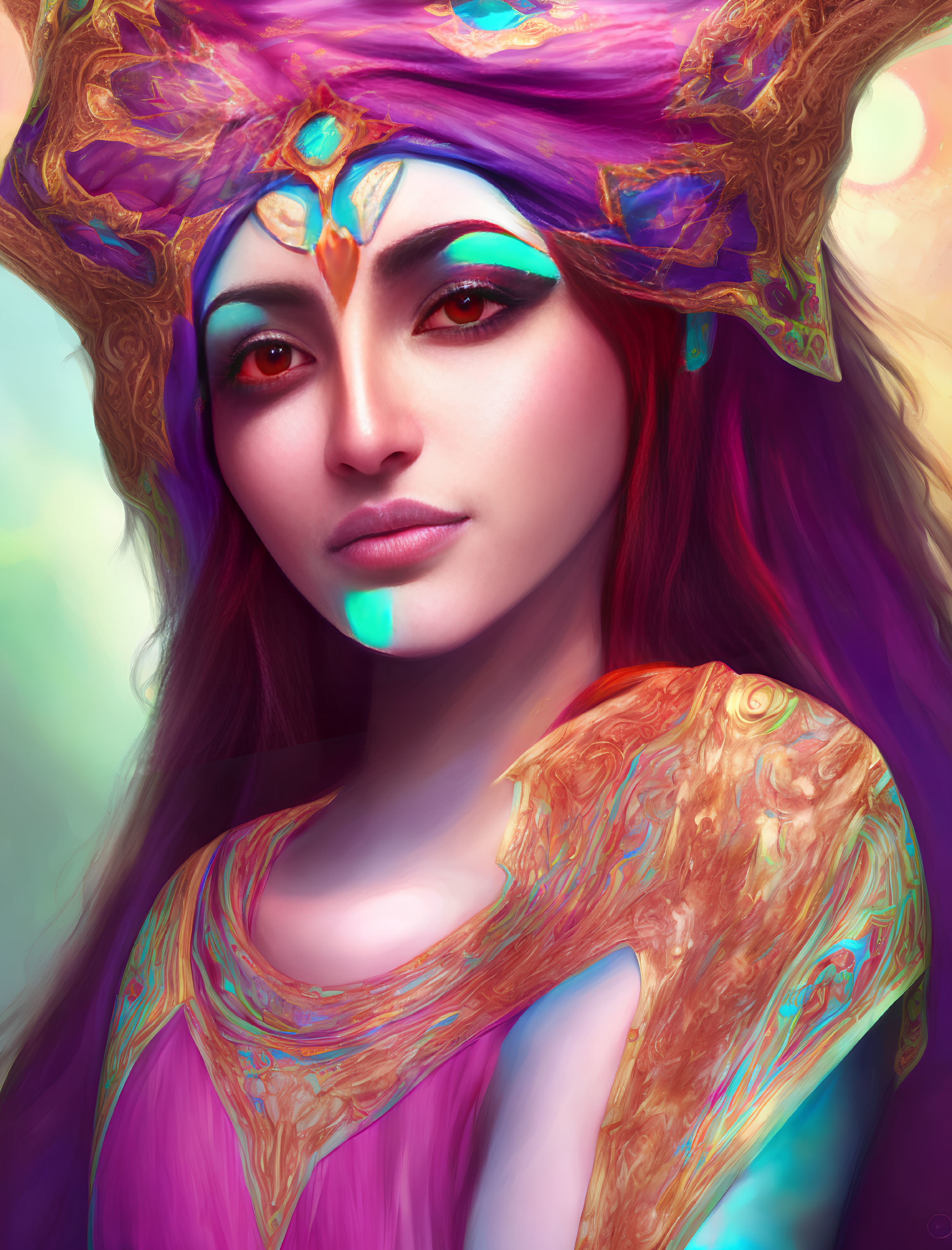 Fantasy-style portrait of a woman with vibrant makeup and ornate headpiece