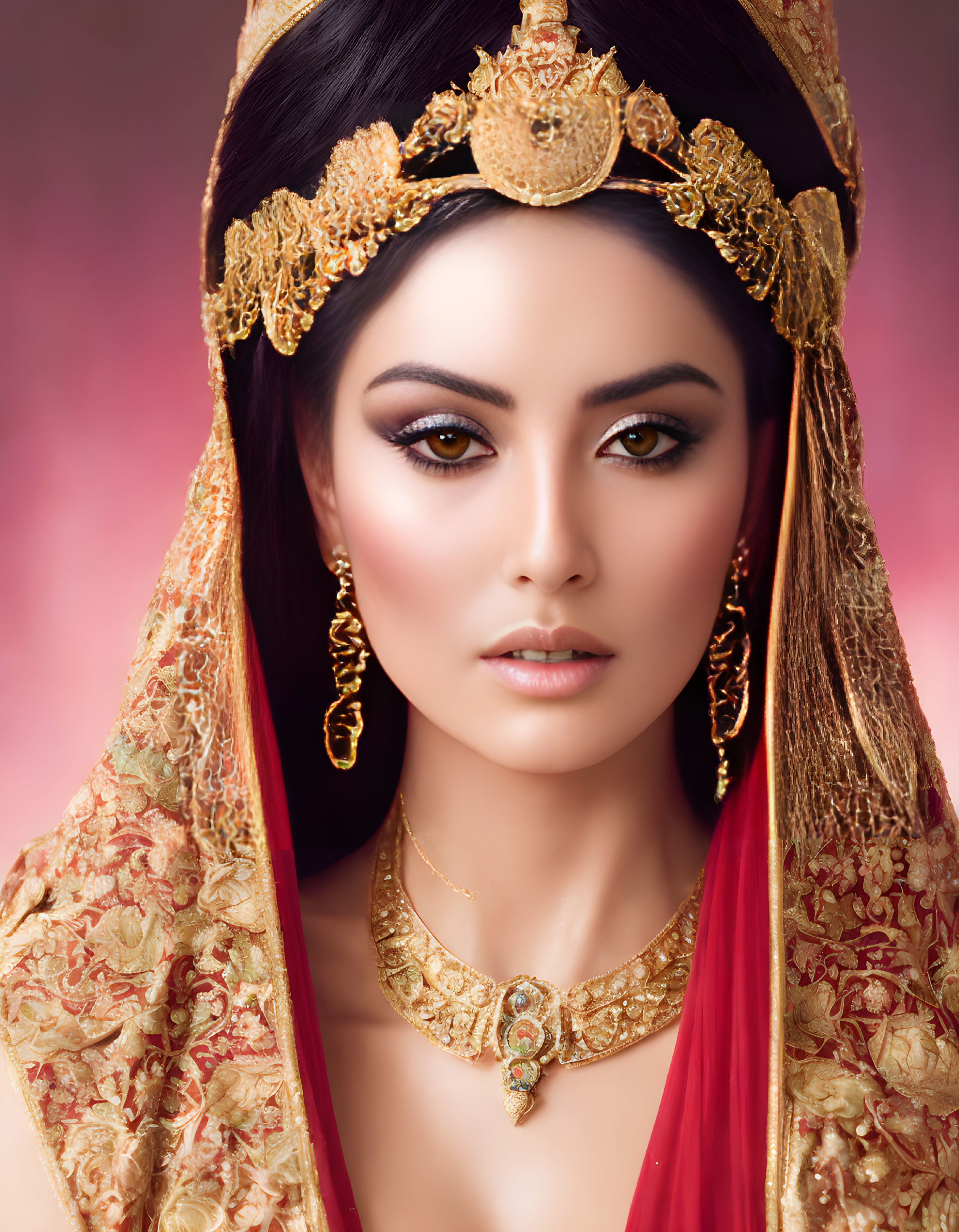 Woman in ornate golden jewelry on pink backdrop