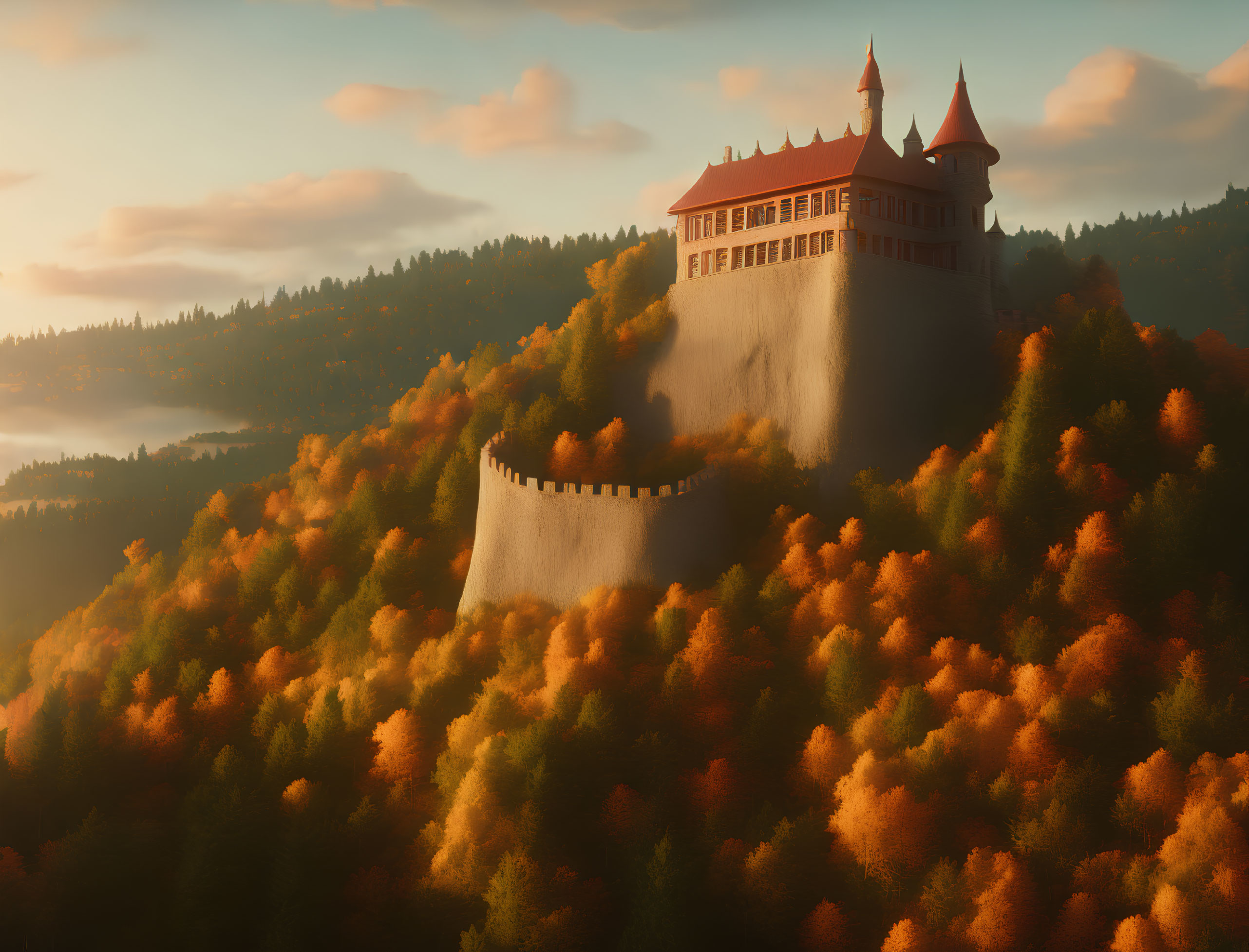 Majestic castle on hill in autumn forest with golden light