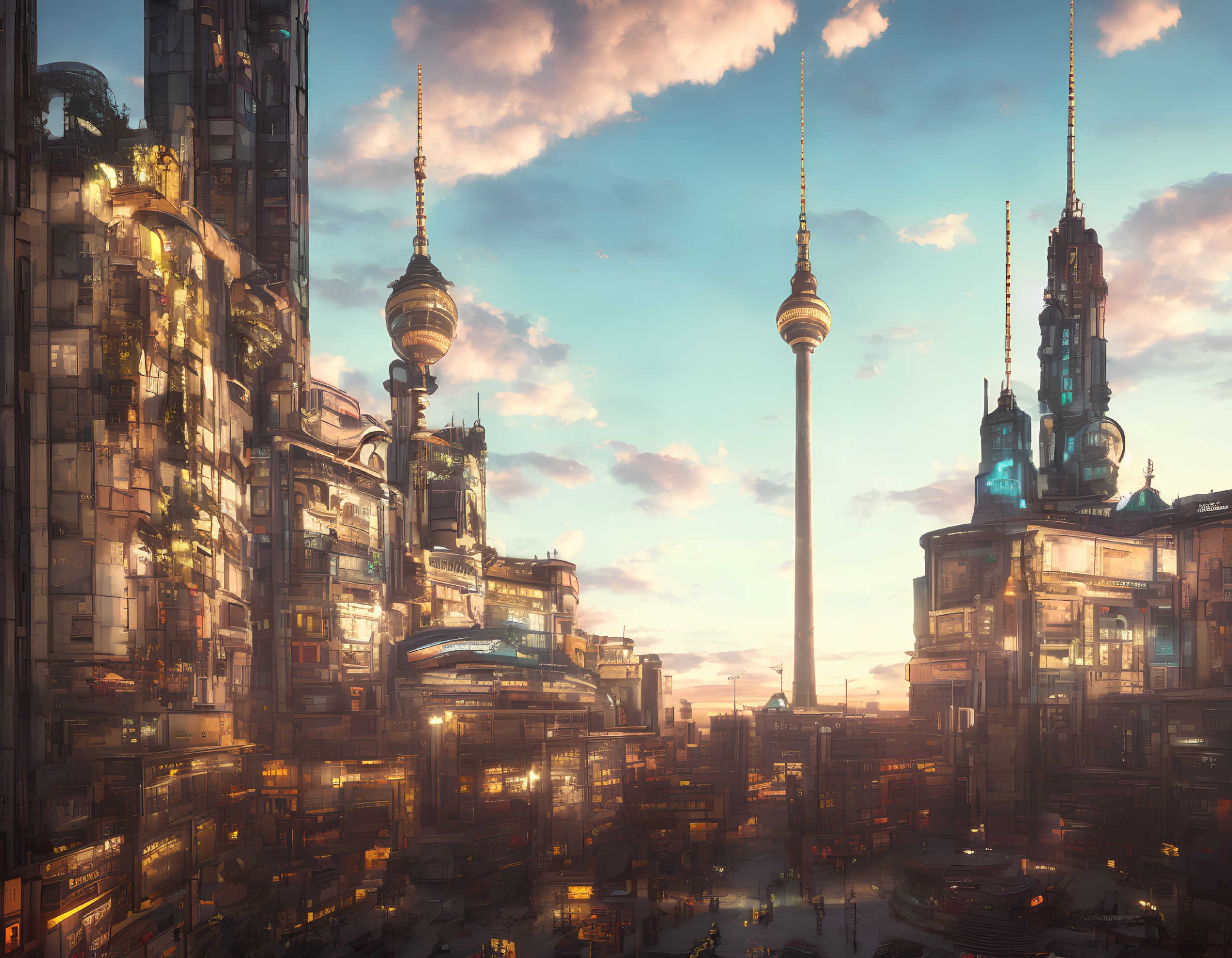 Futuristic cityscape at sunset with glowing skyscrapers & prominent spire