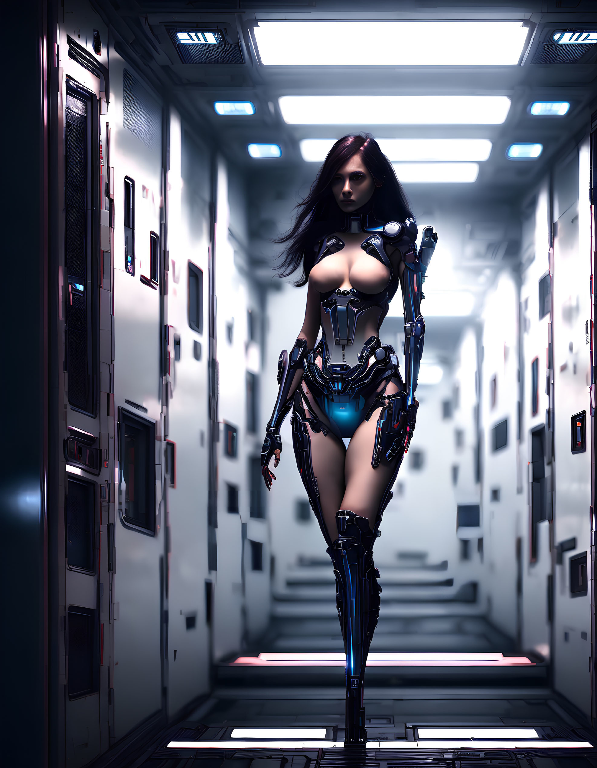 Futuristic female cyborg in sleek black armor walking in Sci-Fi corridor