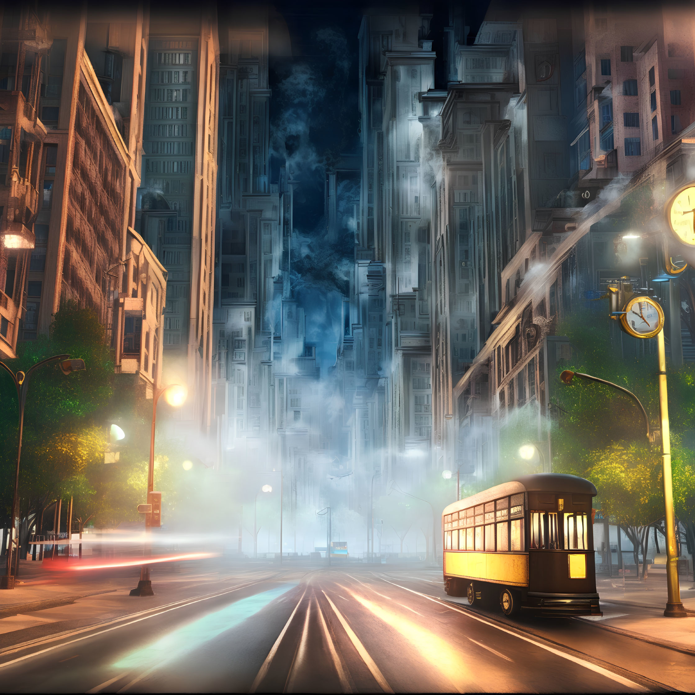 Dreamlike Cityscape with Towering Buildings and Classic Tram