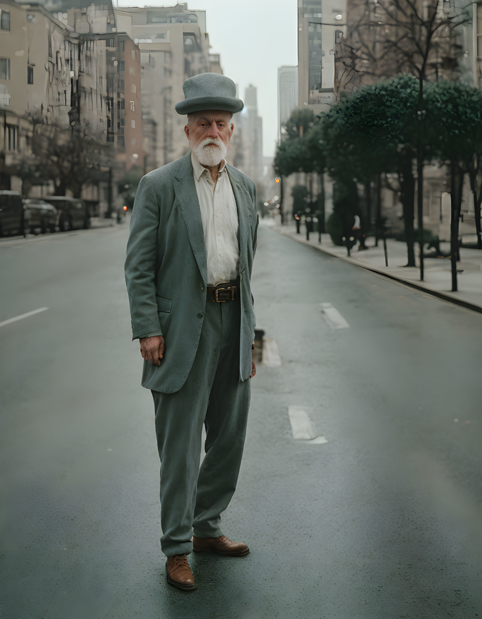 Elderly man in vintage attire on misty urban street