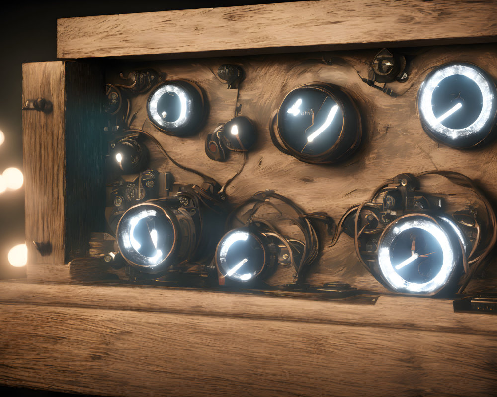 Vintage Circular Gauges Mounted on Wooden Board with Illuminated Faces