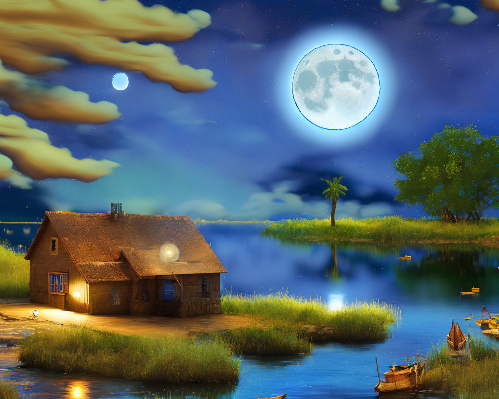 Full Moon Night Scene: Lakeside House, Illuminated Windows, Boats, Cloudy Sky