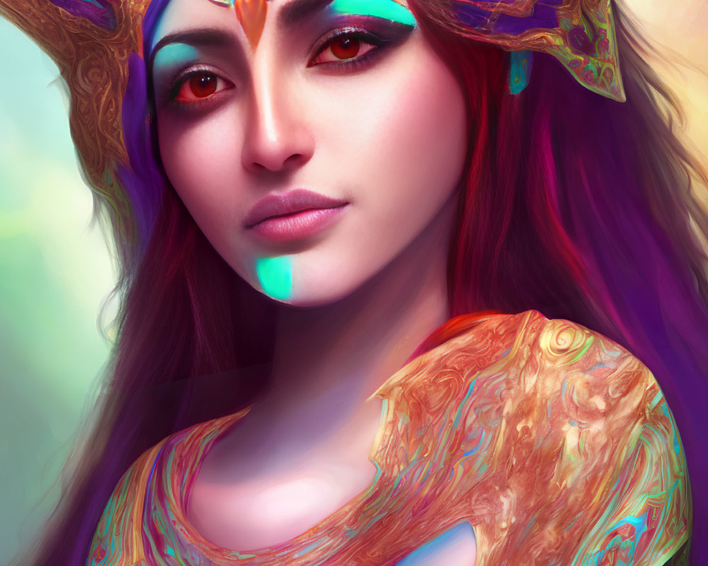 Fantasy-style portrait of a woman with vibrant makeup and ornate headpiece