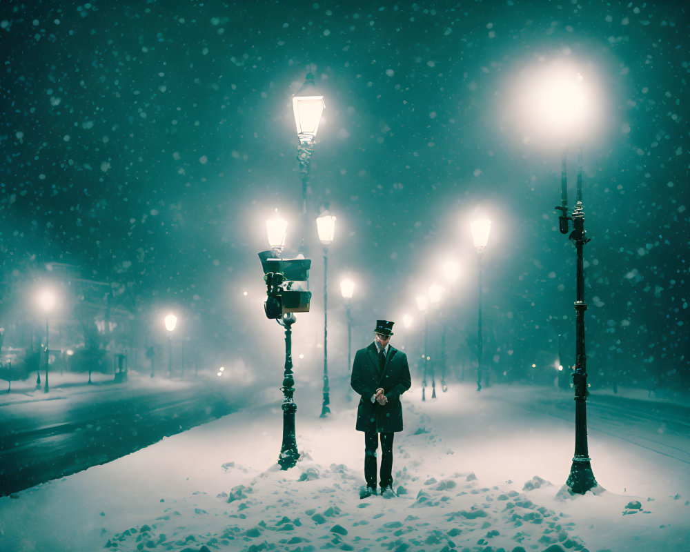 Vintage Attired Individual on Snowy Path with Glowing Street Lamps