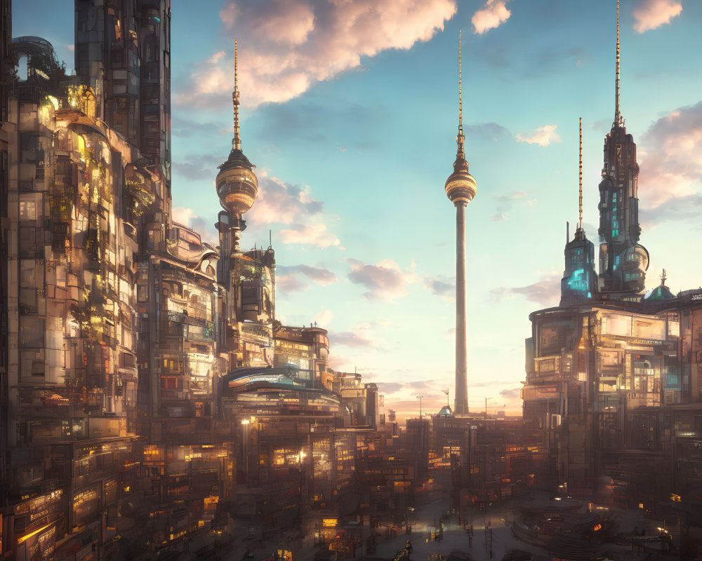 Futuristic cityscape at sunset with glowing skyscrapers & prominent spire