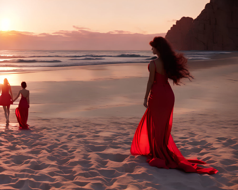 Woman in Red Dress at Sunset Beach with Two Others