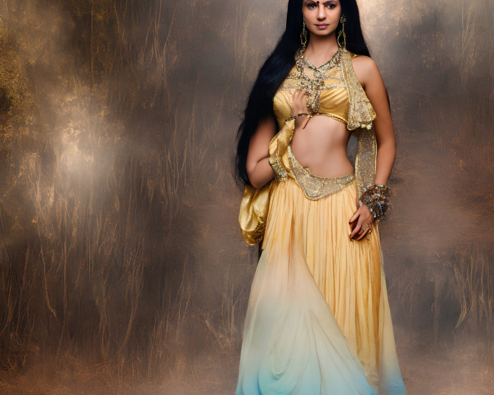 Traditional Outfit Woman with Gold Accessories Against Golden-Brown Backdrop