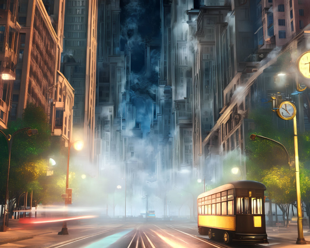 Dreamlike Cityscape with Towering Buildings and Classic Tram