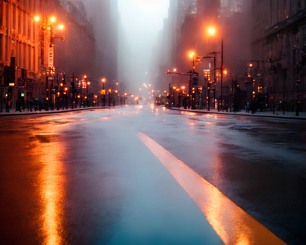 Dusk city street with wet asphalt, misty atmosphere, and illuminated buildings