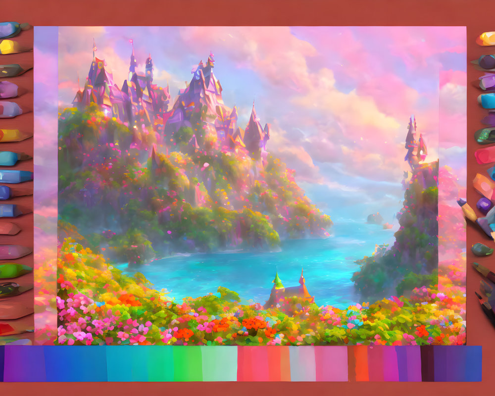 Fantasy castle on cliffs with colorful flora under sunset sky