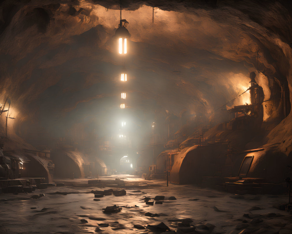Dimly Lit Underground Cavern with Industrial Machinery and Debris