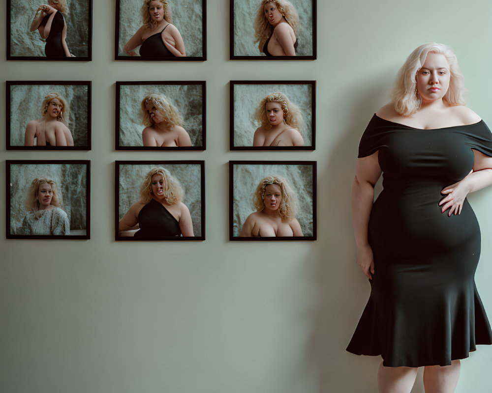 Woman in Black Dress Poses Next to Wall with Framed Photos