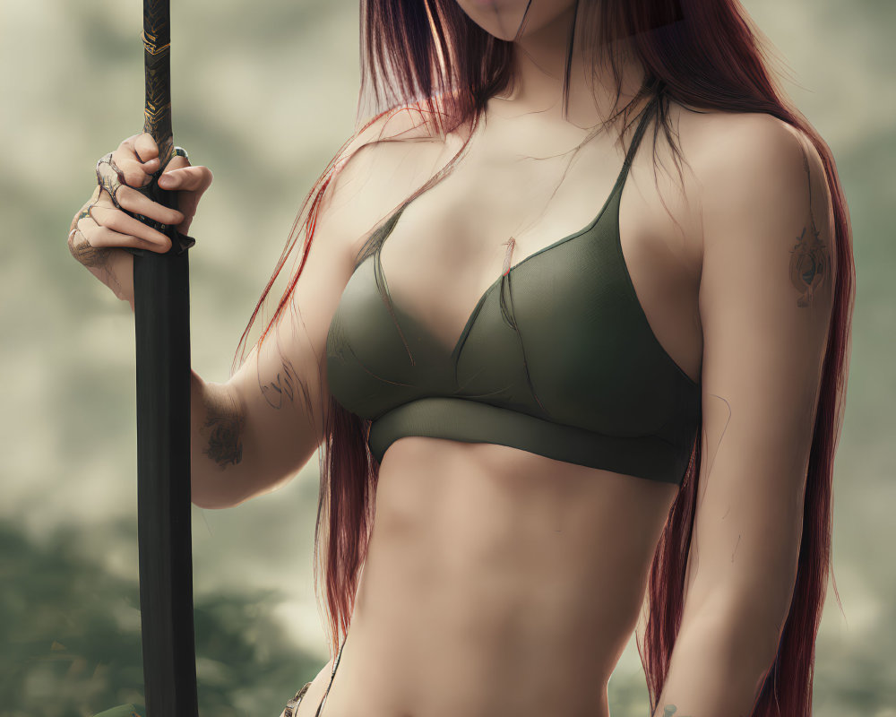 Long-haired woman with tattoos holds sword in misty green setting