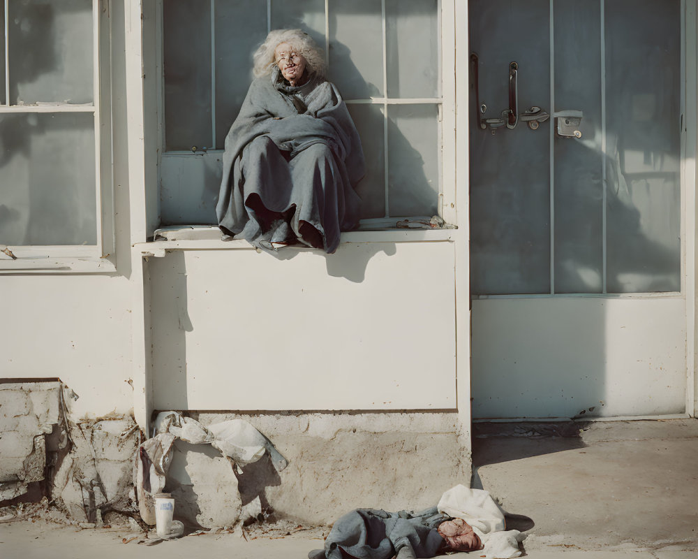 Person wrapped in blanket seated by window, overlooking another person outside building.