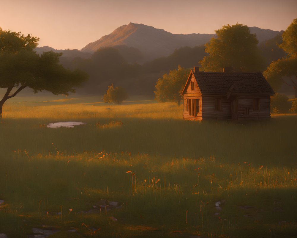 Tranquil sunrise landscape with wooden cabin, field, trees, and mountain in warm light