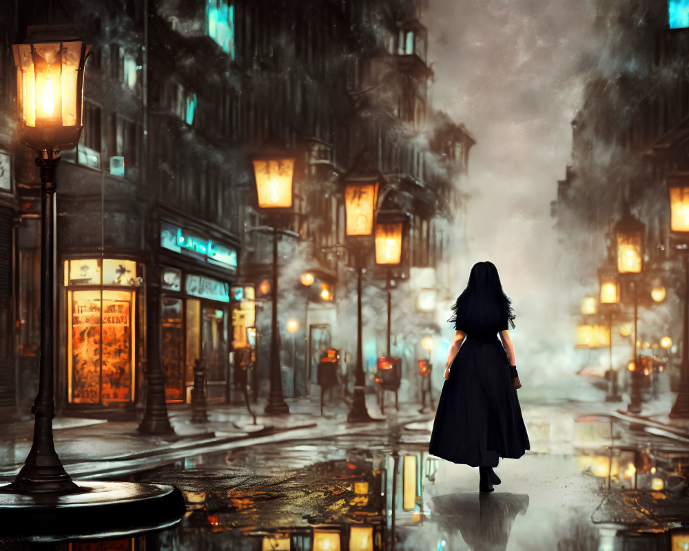 Woman in Black Cape Stands on Rainy Night Street
