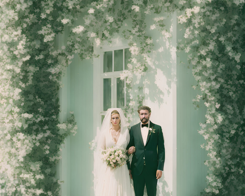 Bride and groom in white gown and black suit by green door with white flowers