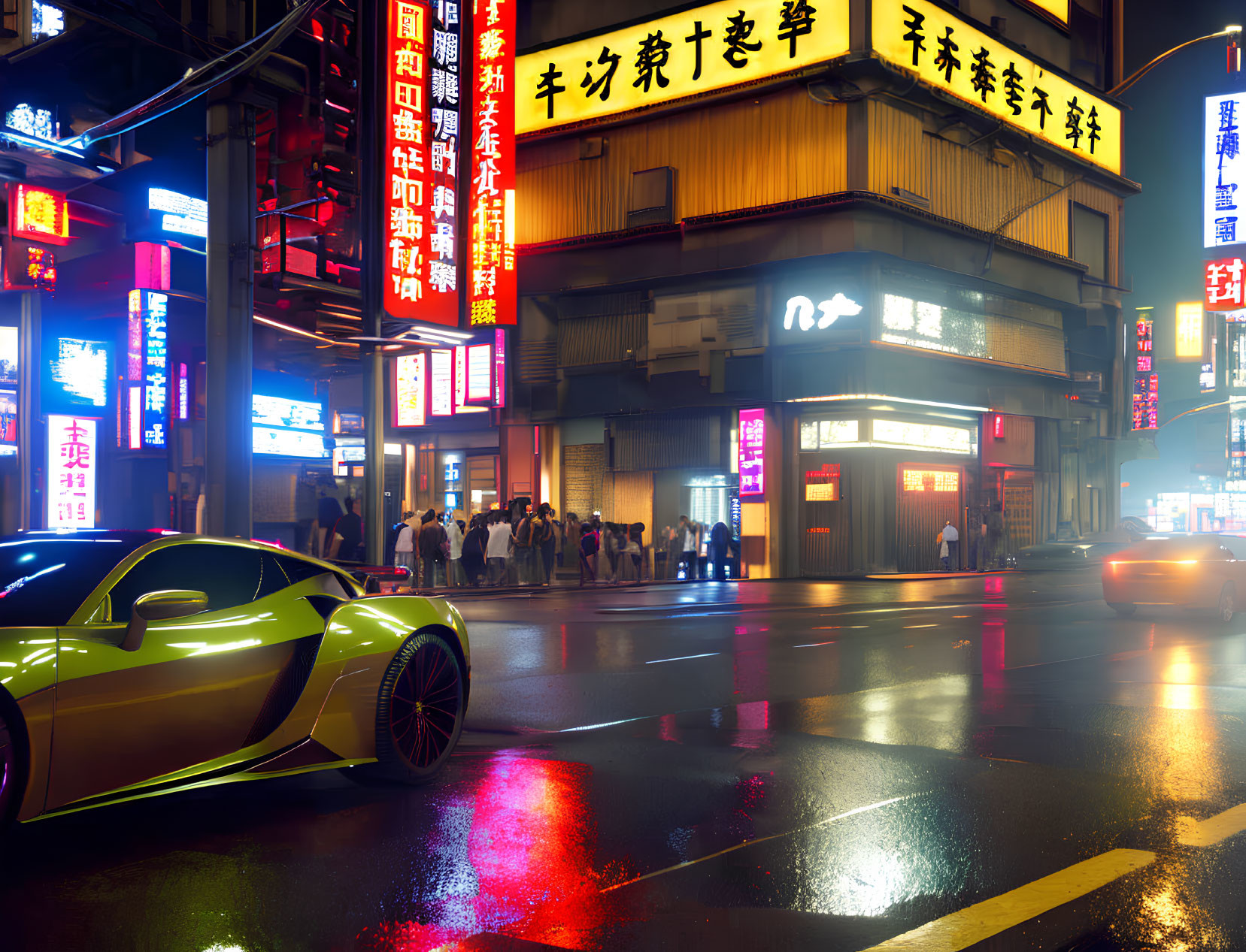 City street at night: Neon signs, sports car, pedestrians.