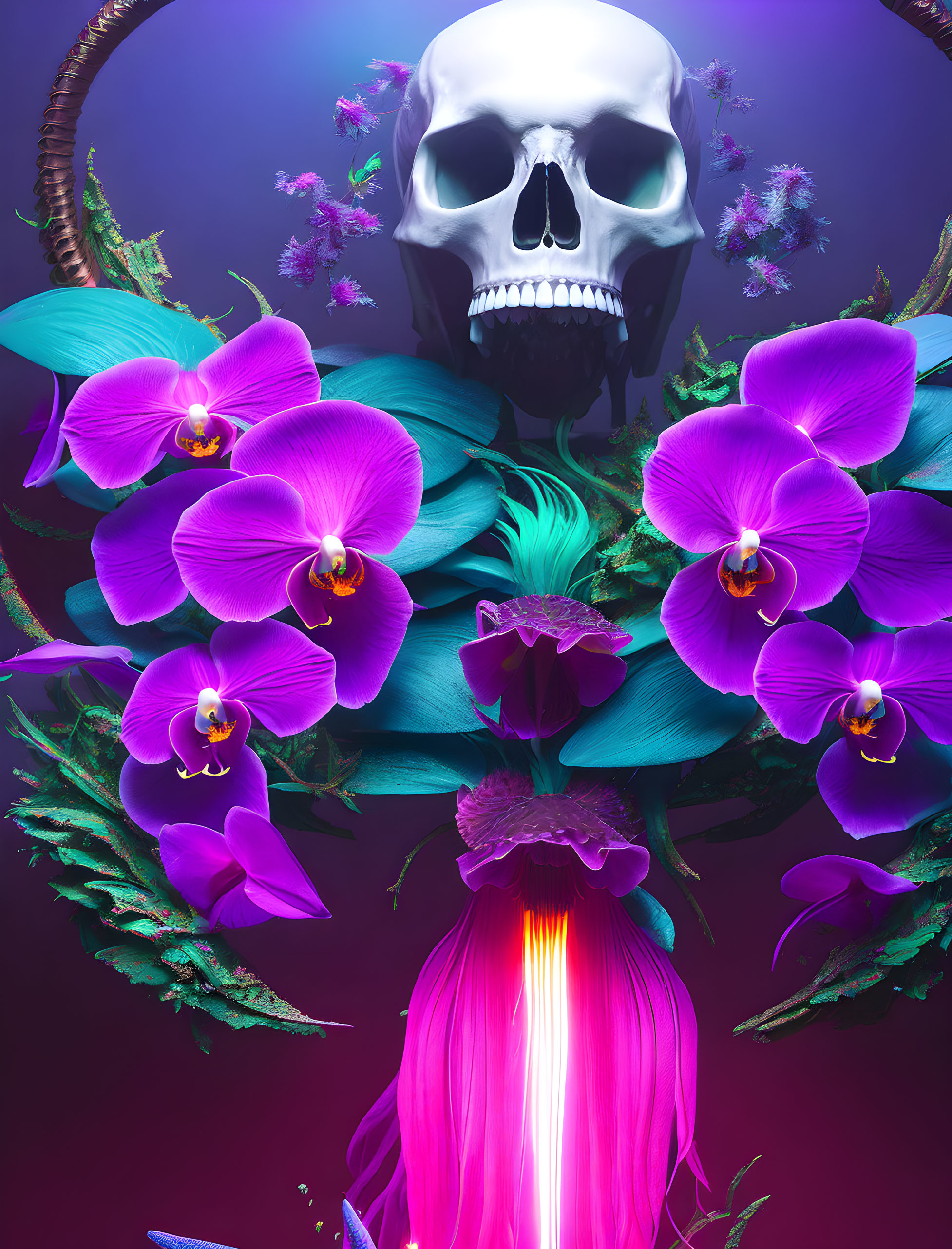 Large Skull on Vibrant Purple Orchids with Pink Beam on Mystic Background