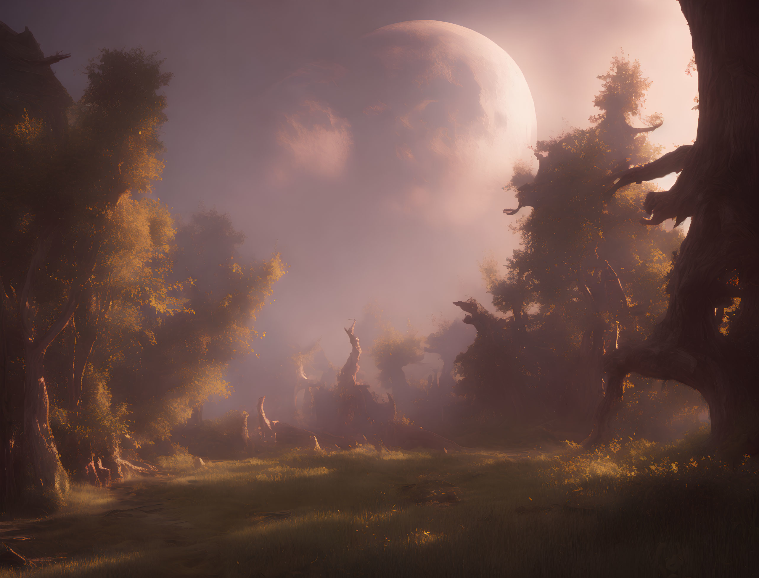 Enchanting forest scene with towering trees and large moon