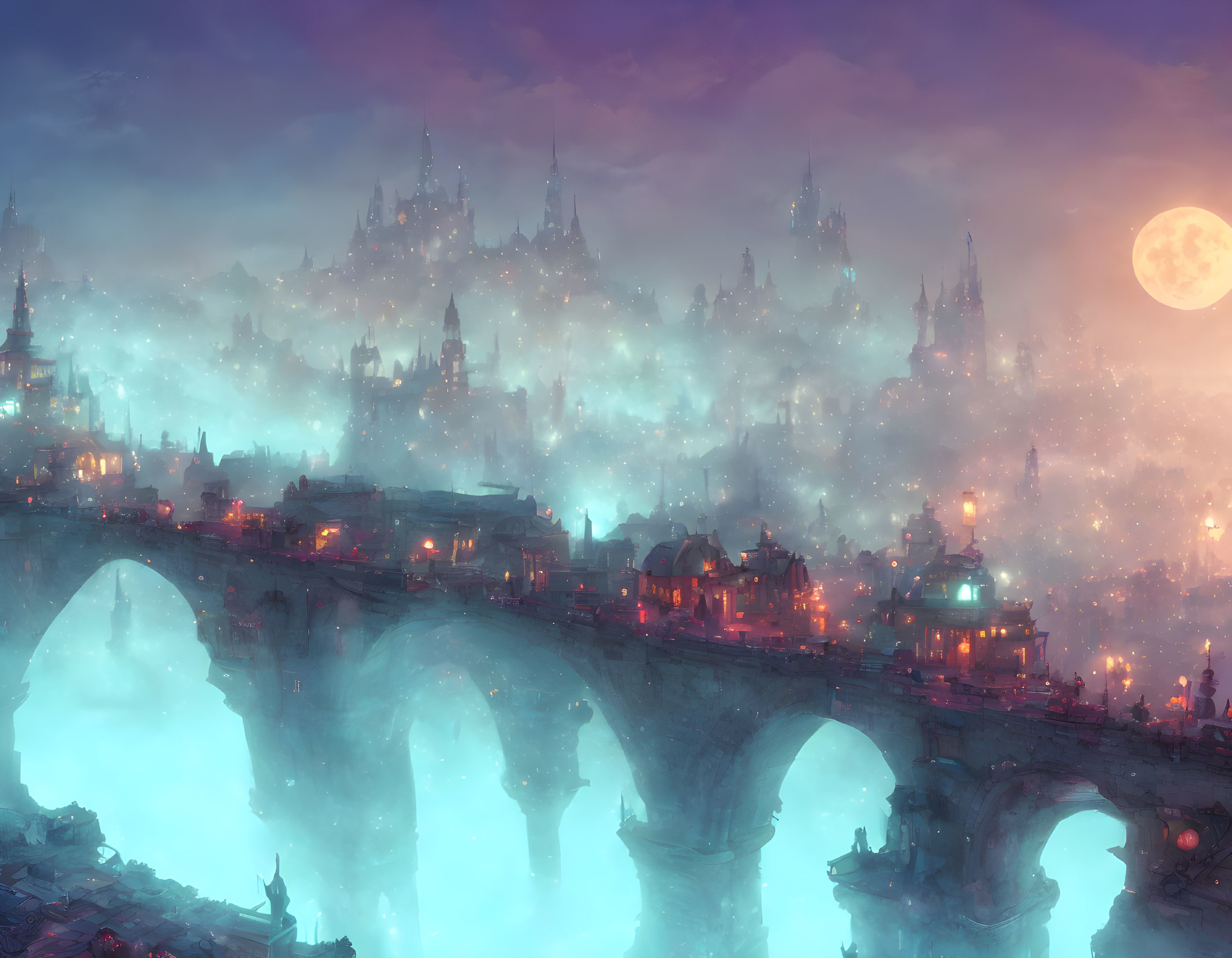 Mystical cityscape with illuminated spires and moonlit bridge
