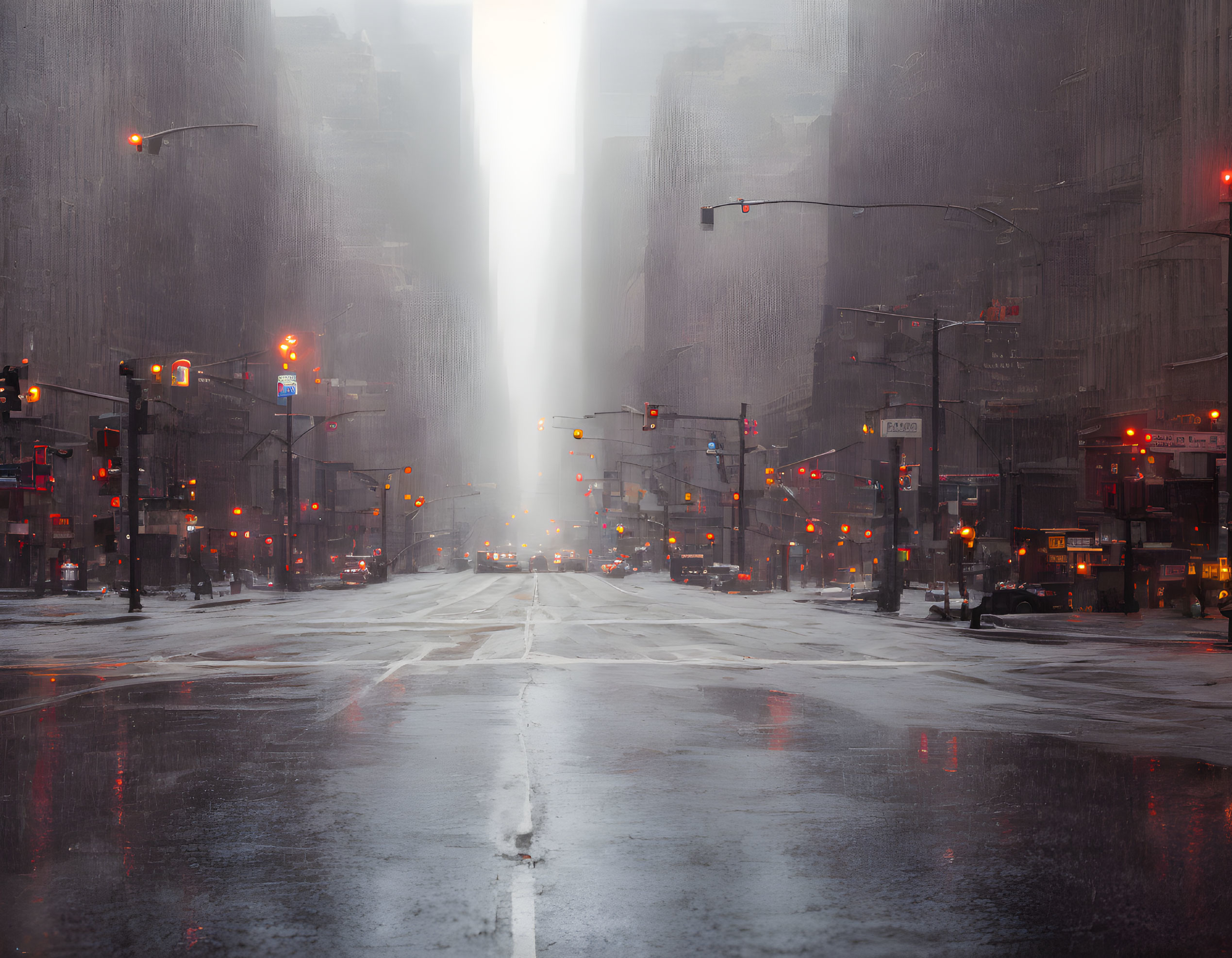 City street in rain with traffic lights and vehicles, surrounded by tall buildings and dramatic light beam