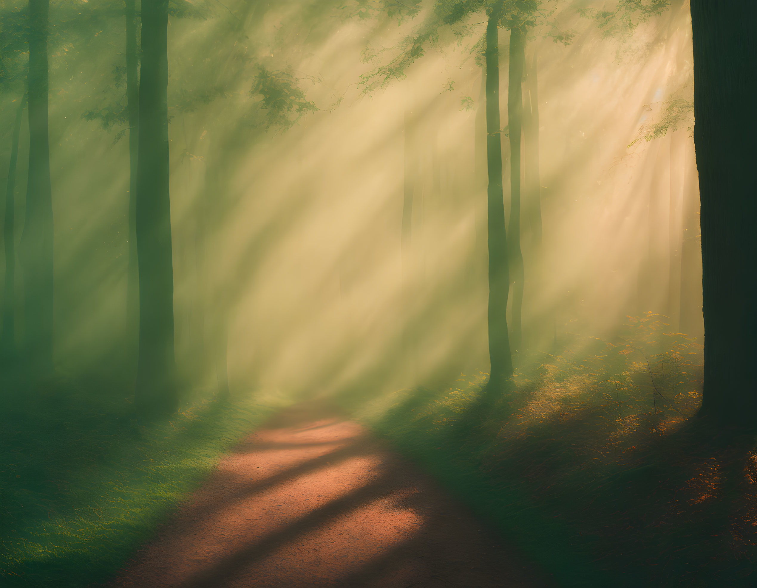 Sunlit Forest Path with Mist and Shadows