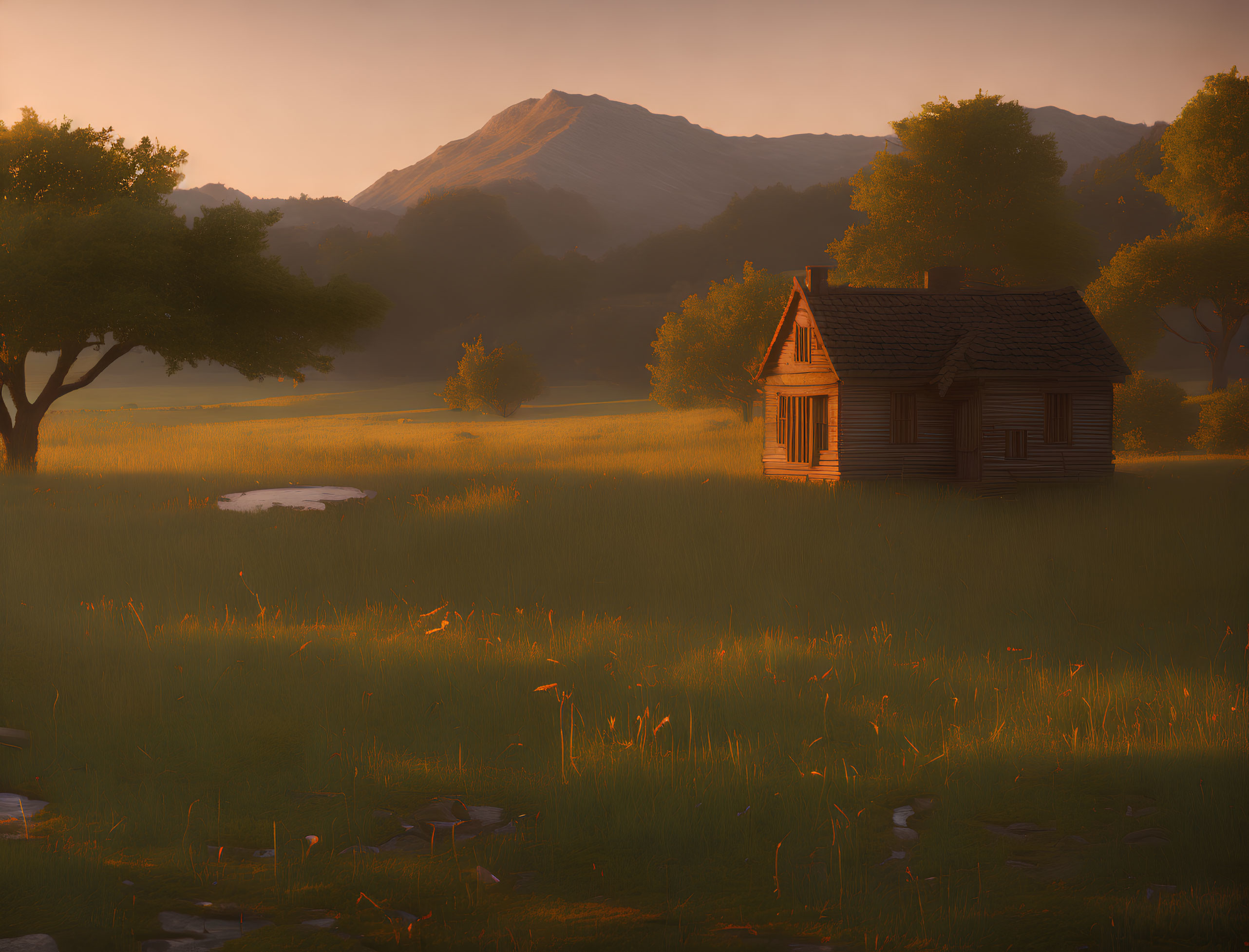 Tranquil sunrise landscape with wooden cabin, field, trees, and mountain in warm light